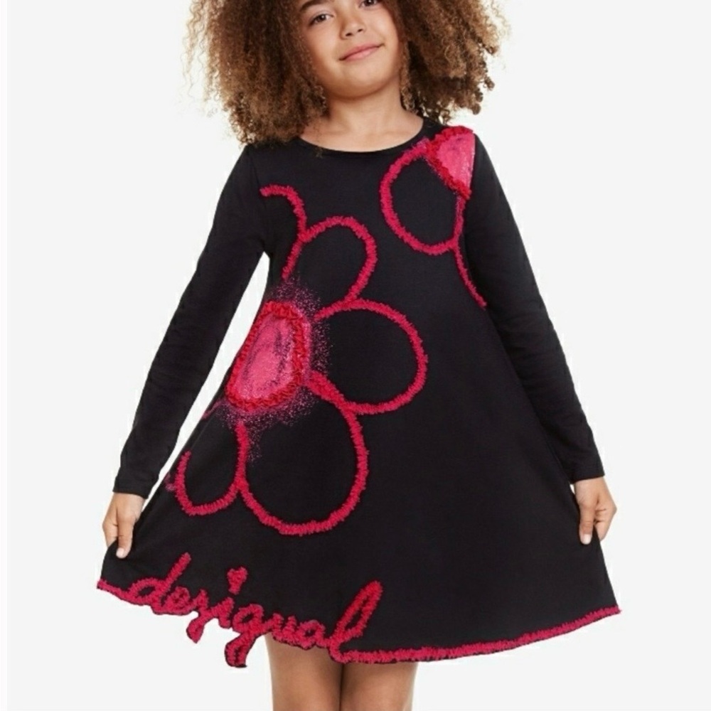 Desigual Girls' “Papaya” Long Sleeve Black & Pink Floral Dress - Size 11/12!